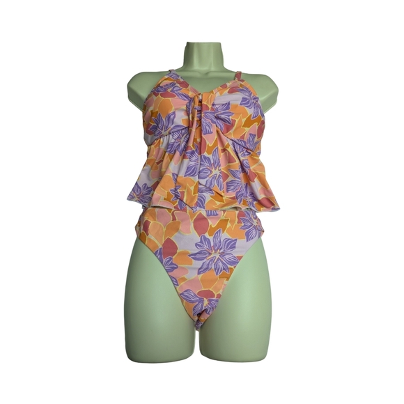 2/$25-Bikini-Flourescent Floral Print Highrise Bottoms & Tie Front Ruffled Tank - Picture 2 of 10